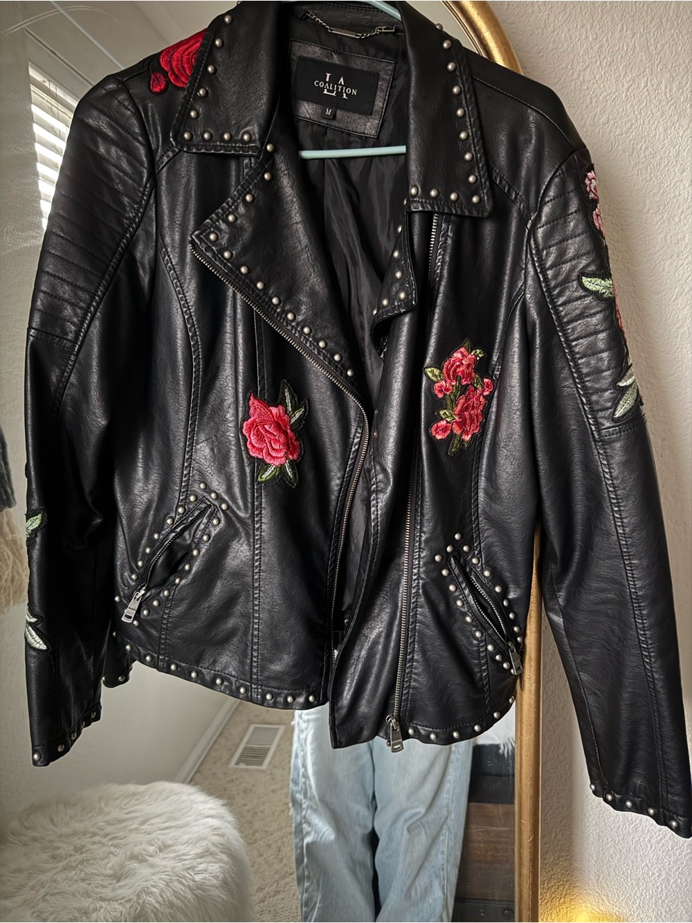 Black Faux Leather Studded Jacket with Red Rose Embroidery